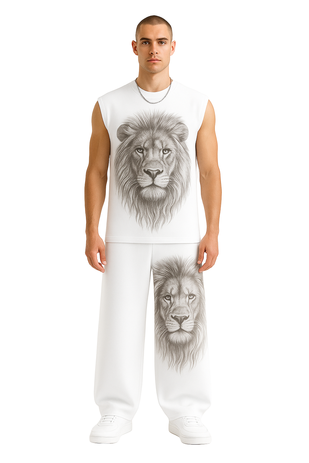 SHREEMSY White Lion Graphic Sleeveless Tracksuit Set
