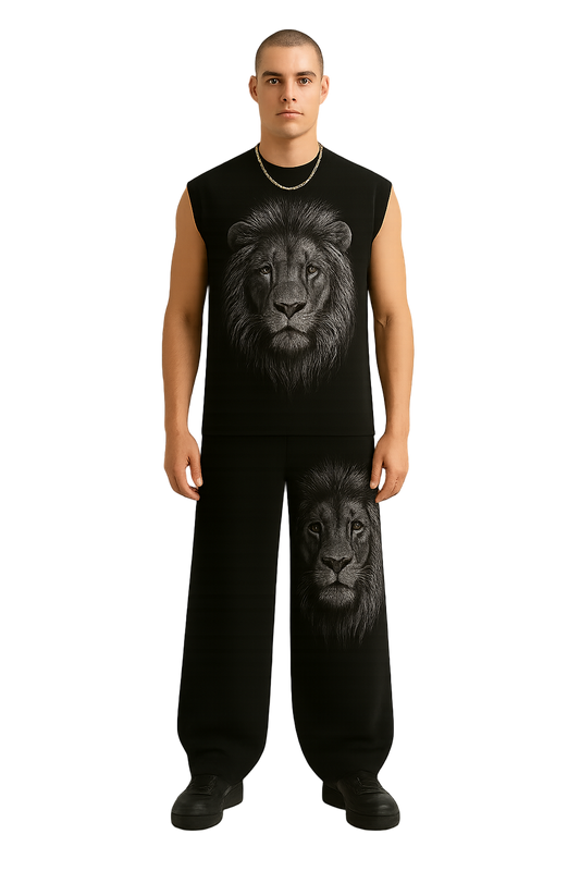 SHREEMSY Black Lion Graphic Sleeveless Tracksuit Set