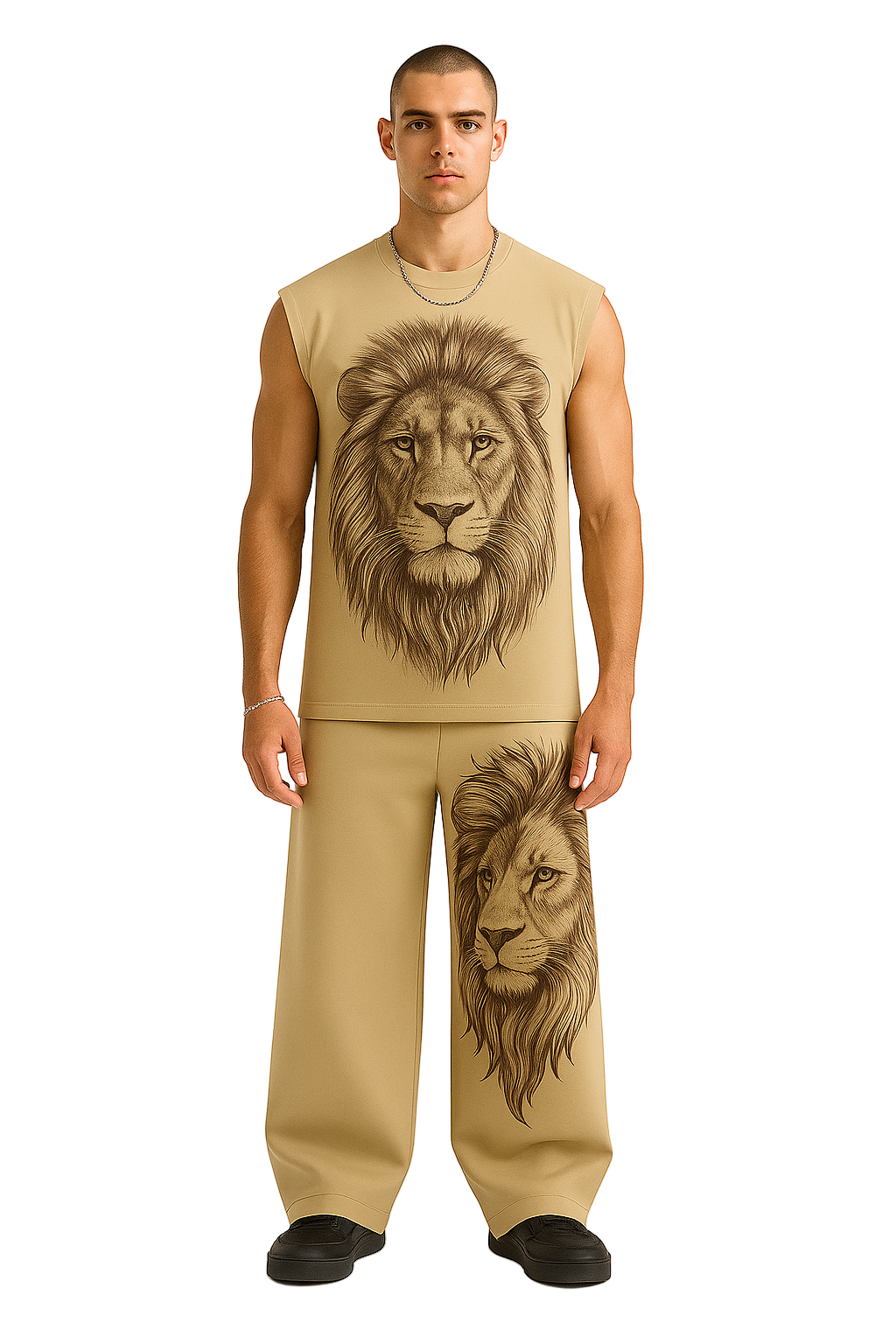 SHREEMSY Beige Lion Graphic Sleeveless Tracksuit Set
